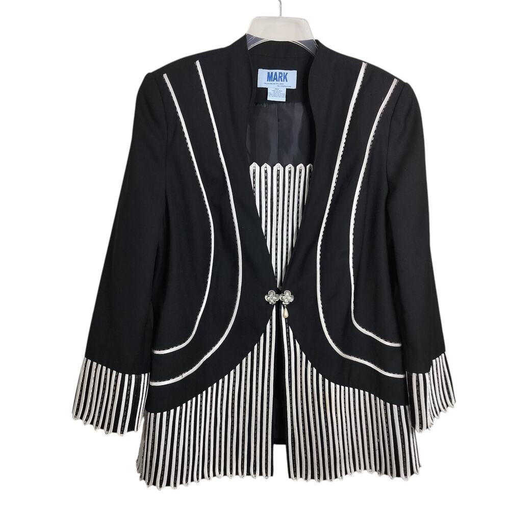 5002)MARK Black White Stripe Piping Contrast Rhinestone Sequin Church Blazer 16W